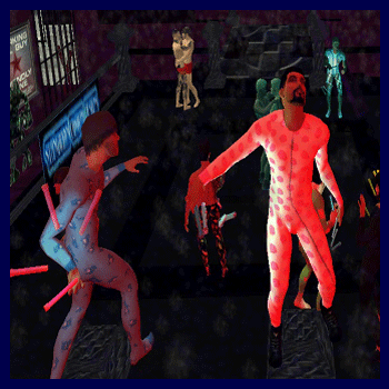 Vayu and Pig dancing at the gay virtual night club pajama party